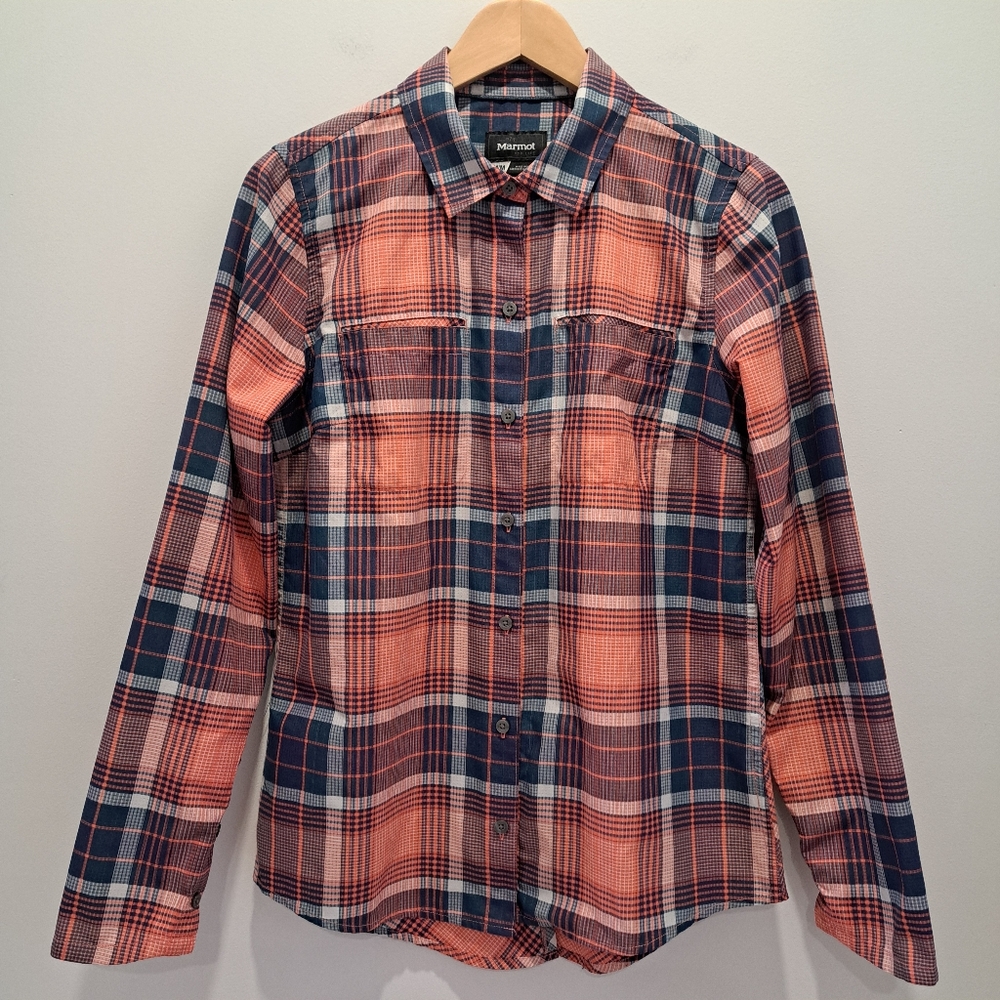 Marmot Plaid Coral and Navy Button-down Gorpcore Cabincore Camp Shirt Womens Med